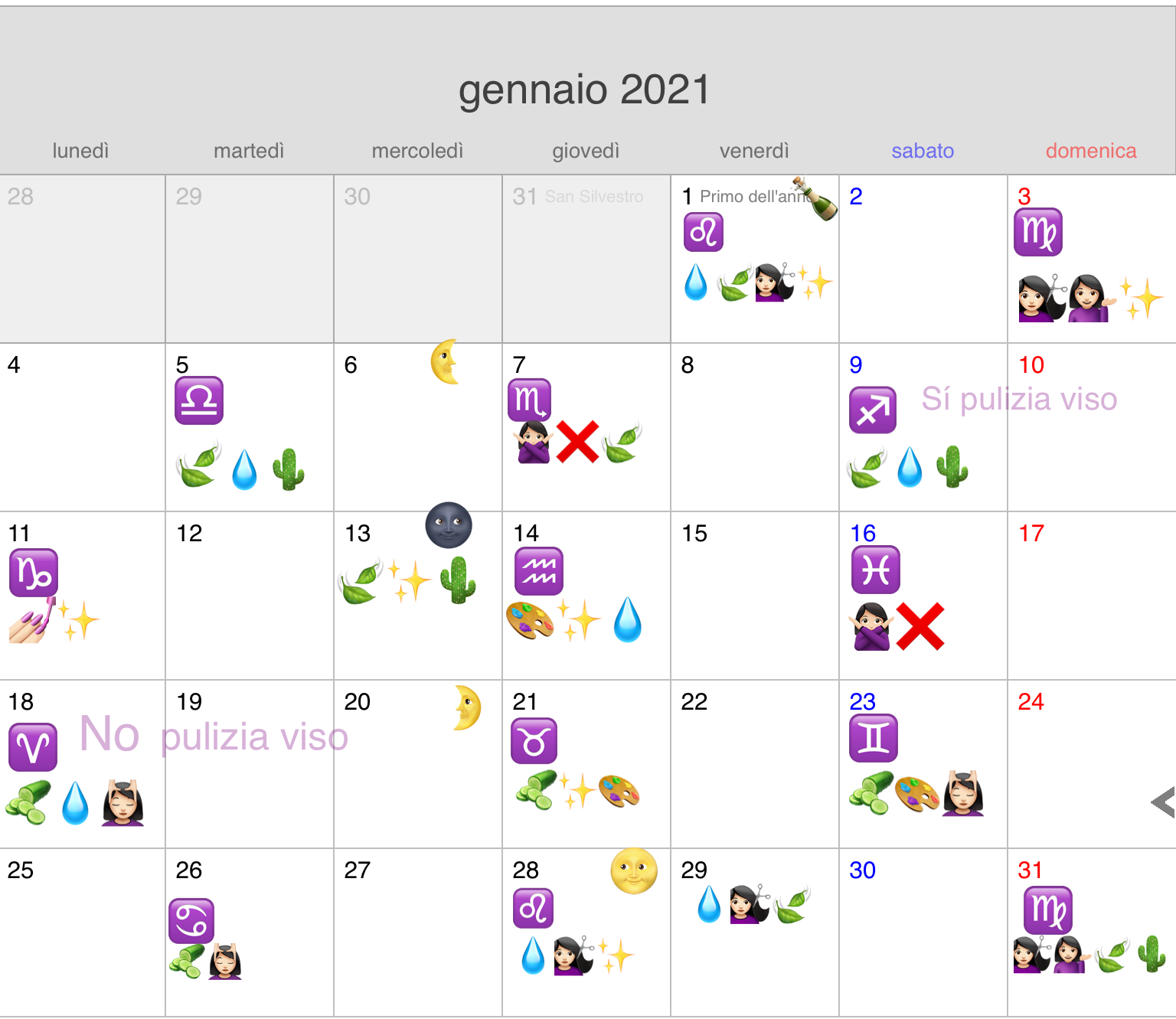 Calendario lunare Gennaio 2021